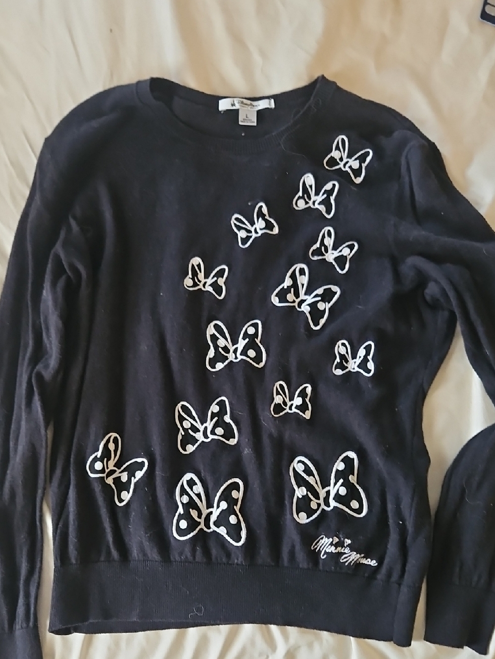 Disney Black Sweater with White Minnie Mouse Bow Motifs